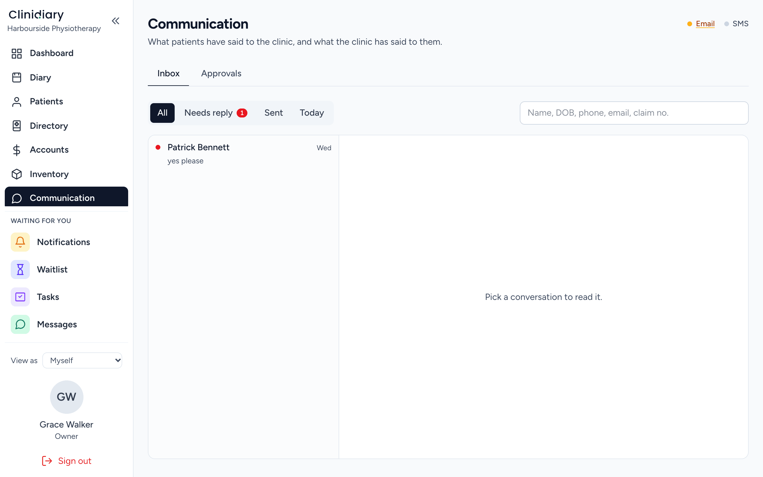 Clinidiary's Communication screen: one inbox of SMS conversations with patients, with the views All, Needs reply, Sent and Today, and a search box.