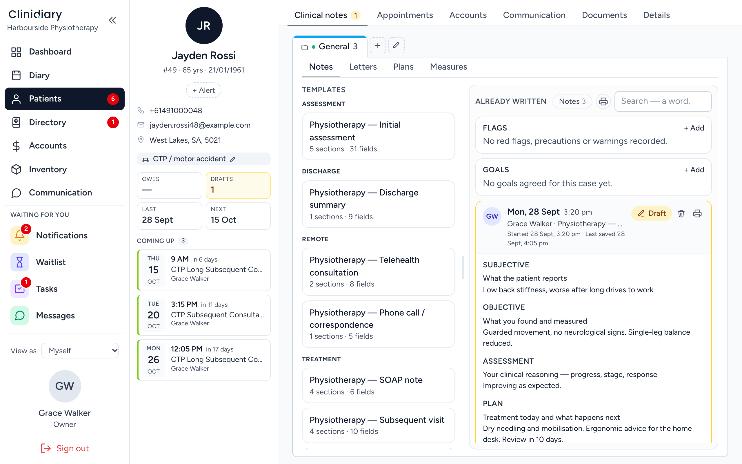 A patient's clinical notes in Clinidiary: note templates for assessment, discharge, telehealth and treatment on the left, and a SOAP note in draft on the right with subjective, objective, assessment and plan sections.